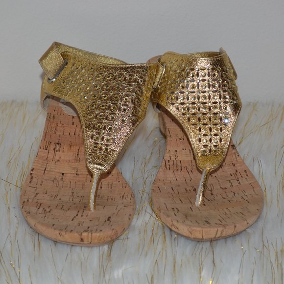 Sparkly Gold Cork Wedge Thong Sandals - Picture 3 of 5